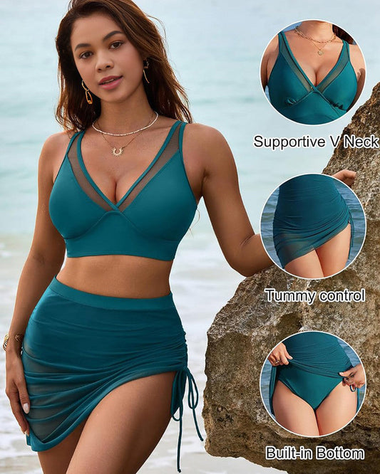 Mesh High Waisted Tummy Control Sarong Wraps Bikini Set