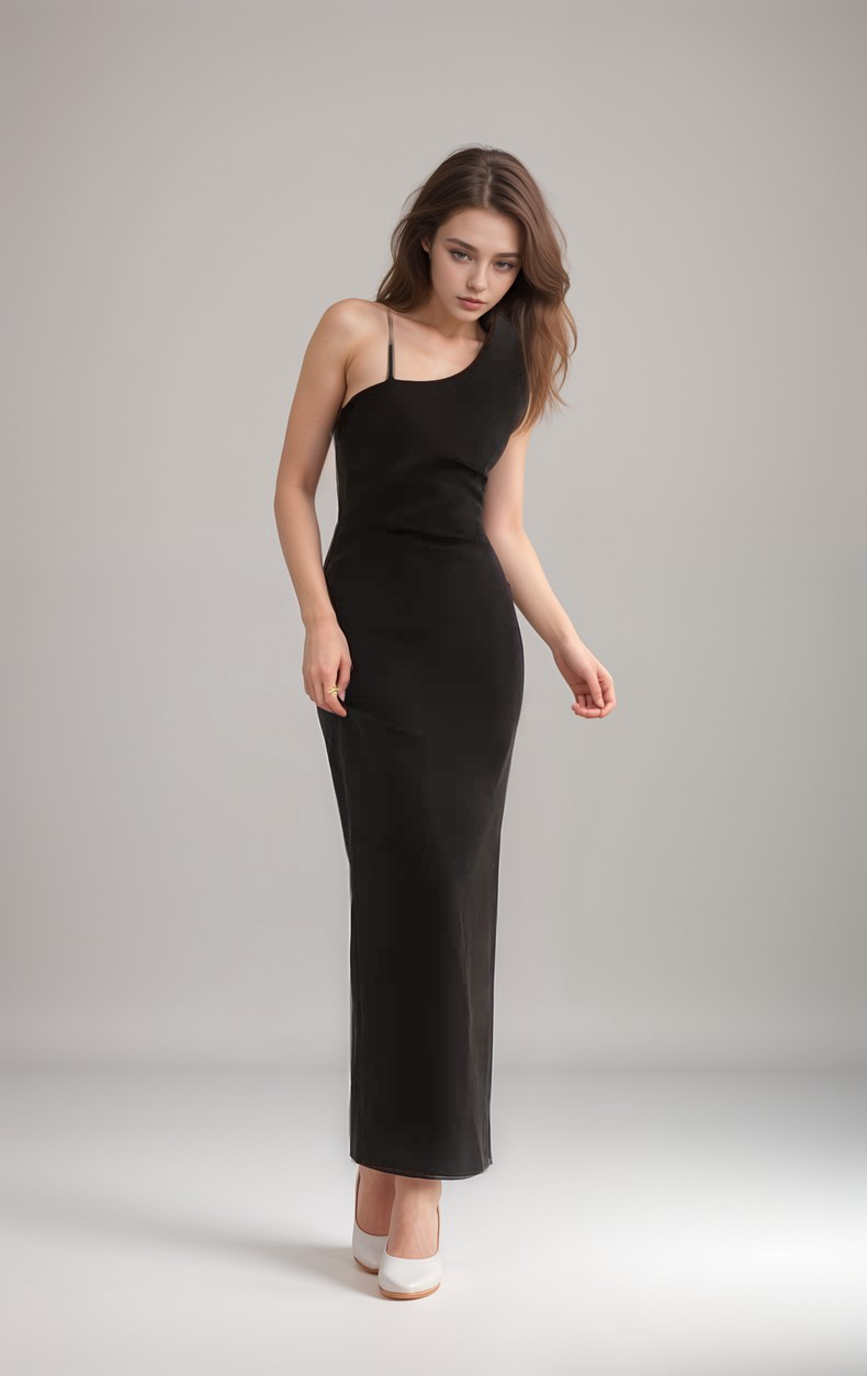 Angular Muse Geometric-Back Satin Evening Dress