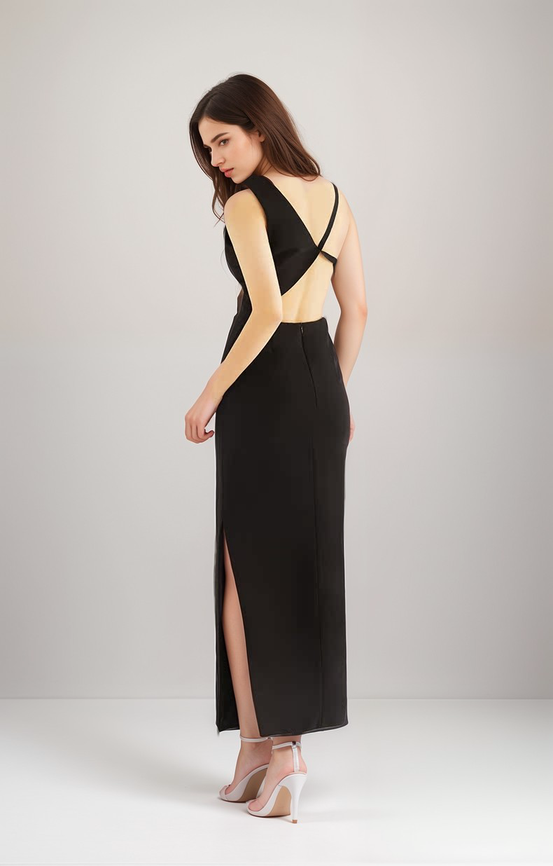 Angular Muse Geometric-Back Satin Evening Dress