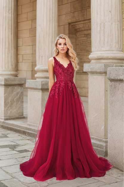 Amarante Reverie Deep-V Lace and Tulle Gown