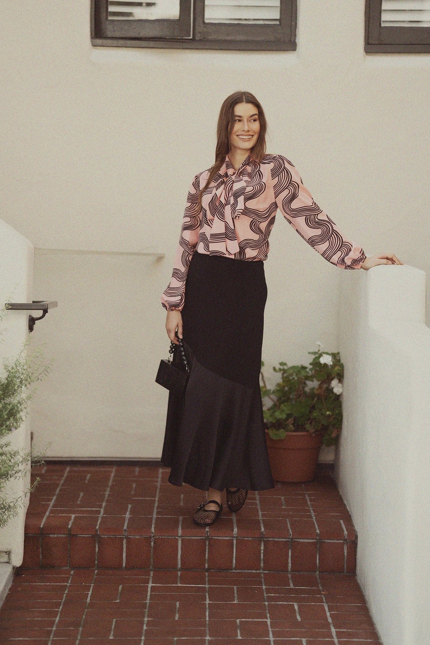 Front Placket Bow Blouse-Black Swirl by MEENA