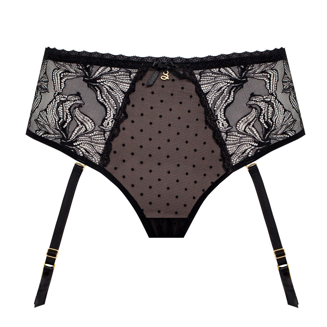 Samanta Nyks Black Sheer Mesh Polka Dot Tanga Garter Panty