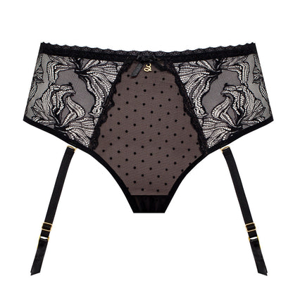 Samanta Nyks Black Sheer Mesh Polka Dot Tanga Garter Panty