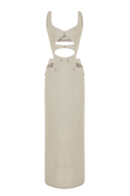 JENDUE Noe Linen Dress - Cut-Out Maxi with Button Detail