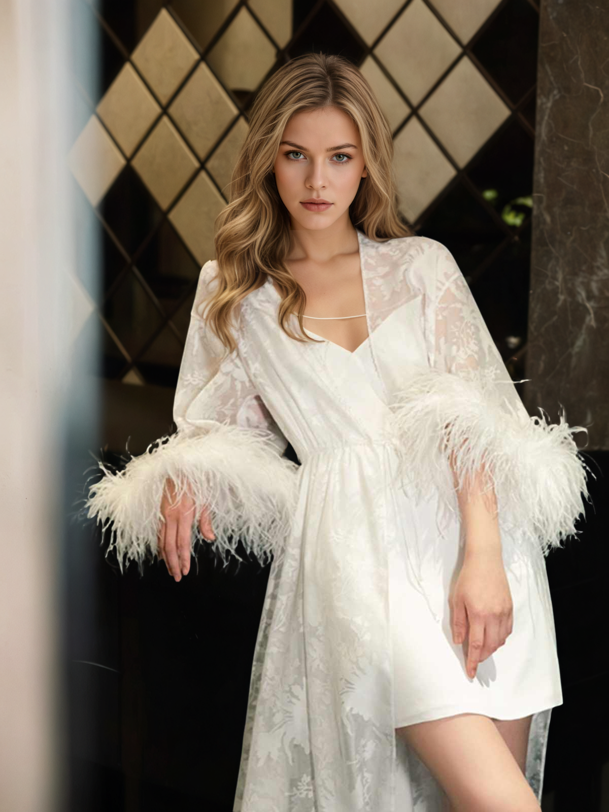 Maristella Plume Lace Robe and Slip Set