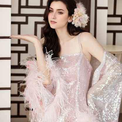 Eloise Shimmer Feather-Trim Sequin Robe & Slip Set