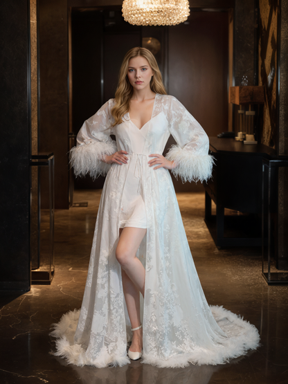 Maristella Plume Lace Robe and Slip Set