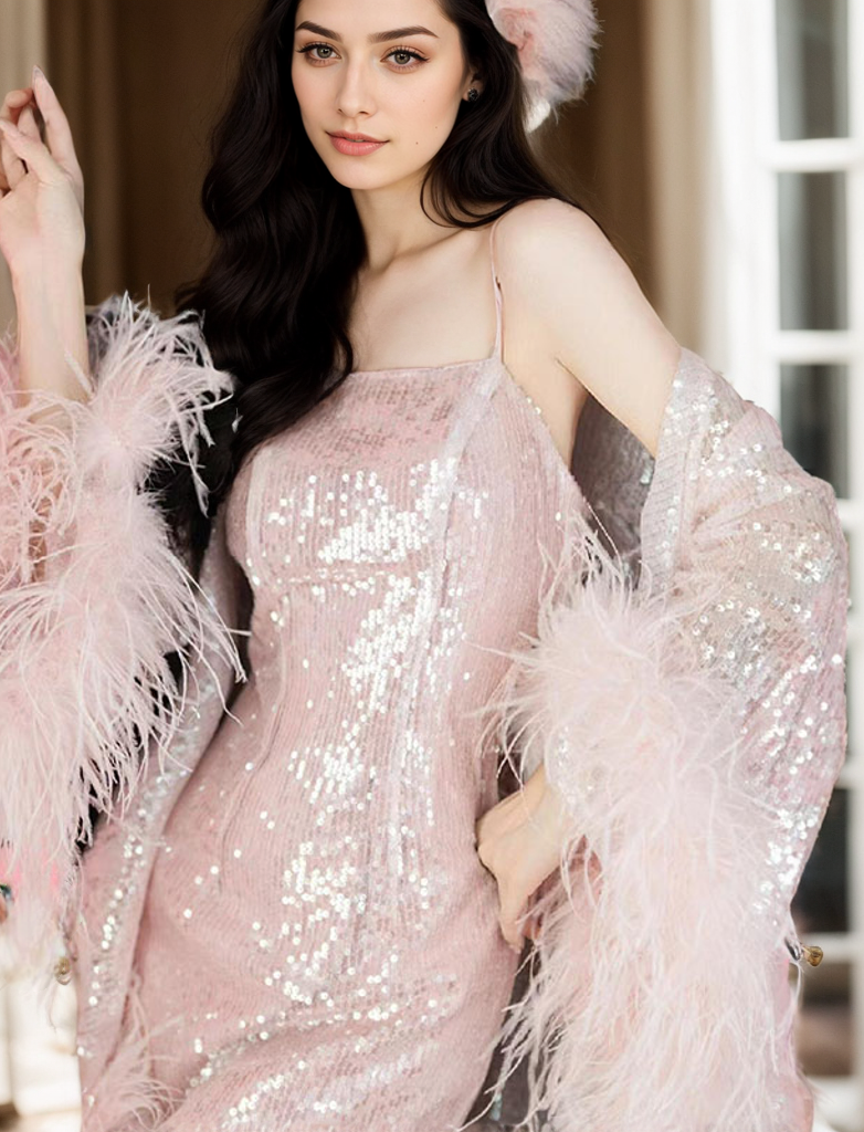 Eloise Shimmer Feather-Trim Sequin Robe & Slip Set