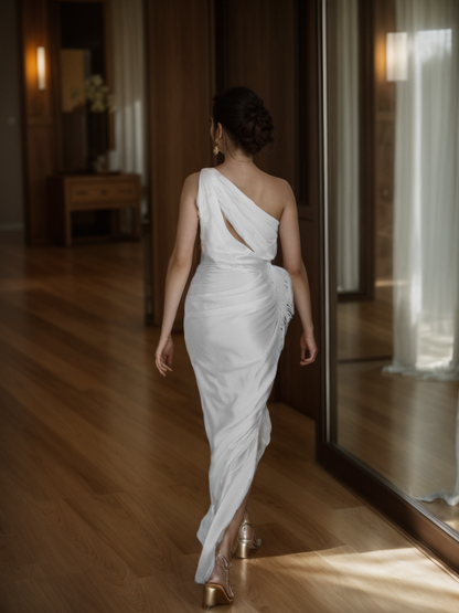 Calista Promise One-Shoulder Pleated Satin Dress