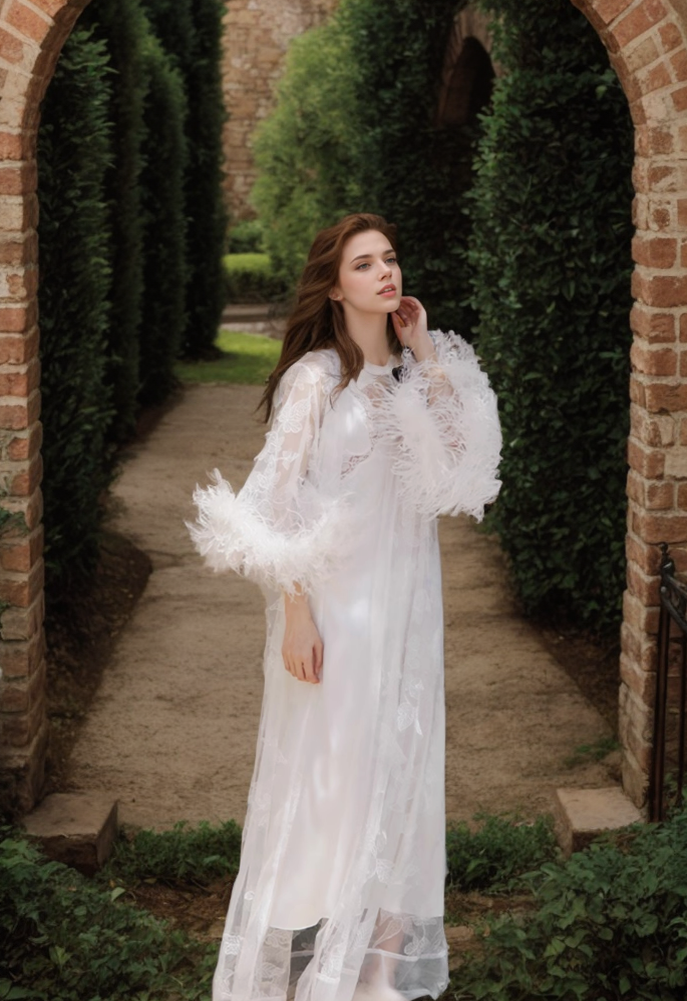 Fleurette Starlight Feather Lace Robe and Nightgown Set