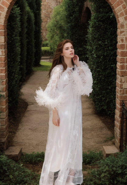Fleurette Starlight Feather Lace Robe and Nightgown Set