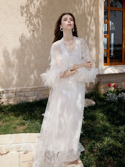Fleurette Starlight Feather Lace Robe and Nightgown Set