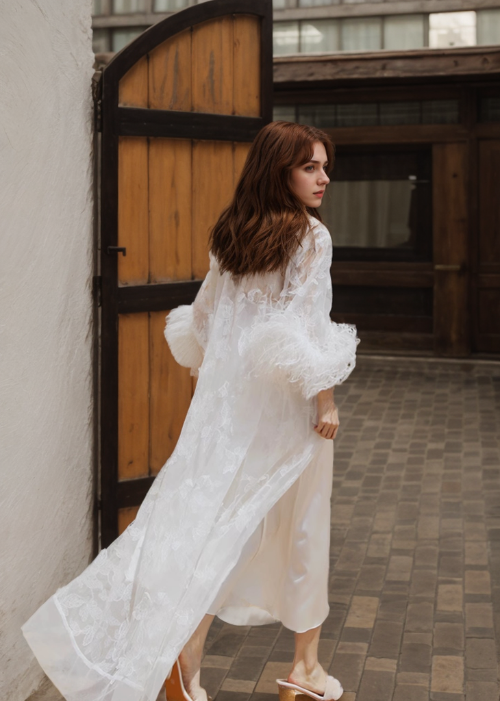 Fleurette Starlight Feather Lace Robe and Nightgown Set