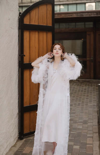 Fleurette Starlight Feather Lace Robe and Nightgown Set