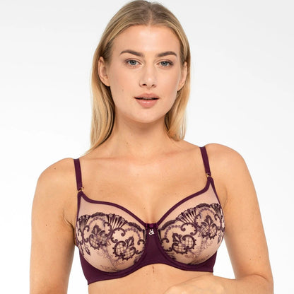 Sheer Mesh Embroidered Full Figure Bra Perla Aubergine by Samanta Lingerie