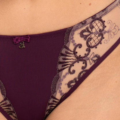 Sheer Mesh Tulle Embroidered Tanga Panty Perla Aubergine by Samanta Lingerie