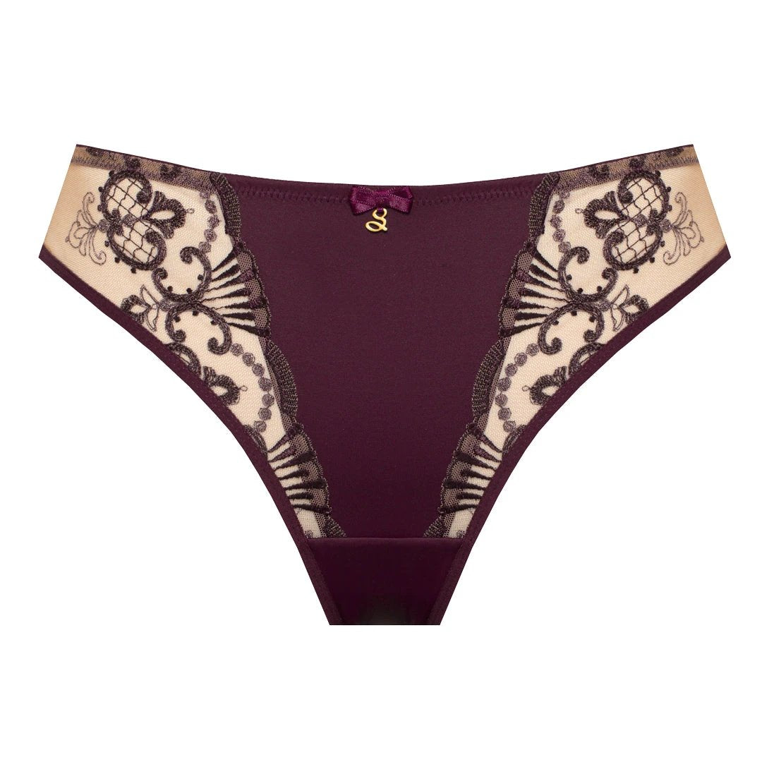 Sheer Mesh Tulle Embroidered Tanga Panty Perla Aubergine by Samanta Lingerie