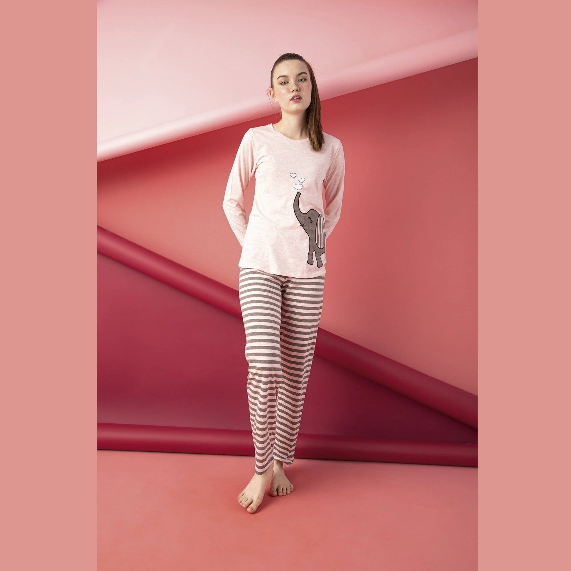 Junior Women’s Cotton Pajama Set 2-Piece Long Sleeve Top & Pants Cute Print Sleepwear by M.O.S