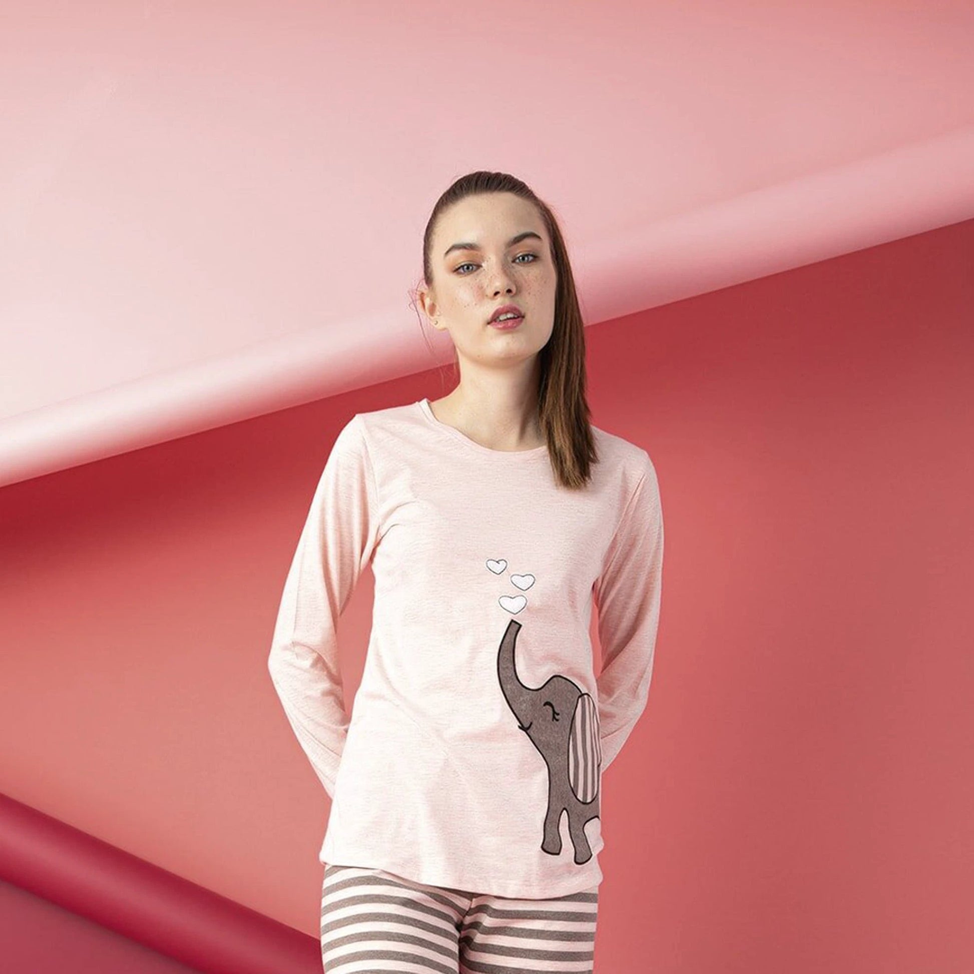 Junior Women’s Cotton Pajama Set 2-Piece Long Sleeve Top & Pants Cute Print Sleepwear by M.O.S