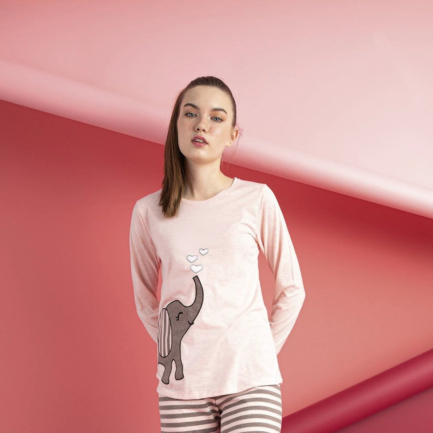 Junior Women’s Cotton Pajama Set 2-Piece Long Sleeve Top & Pants Cute Print Sleepwear by M.O.S