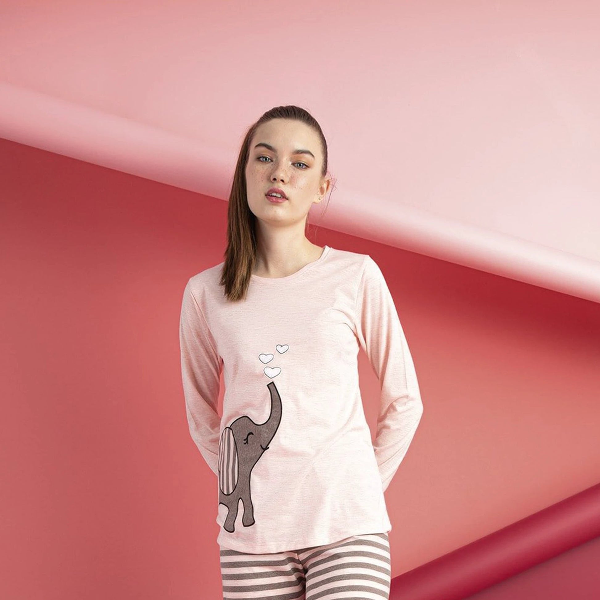 Junior Women’s Cotton Pajama Set 2-Piece Long Sleeve Top & Pants Cute Print Sleepwear by M.O.S