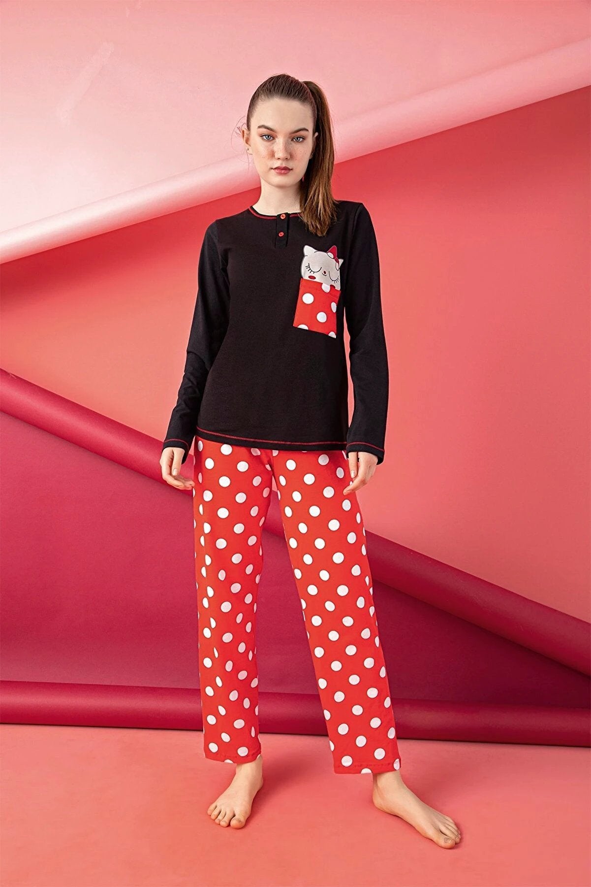 Junior Women’s Cotton Pajama Set – 2-Piece Long Sleeve Top & Pants with Cute Cat Print by M.O.S