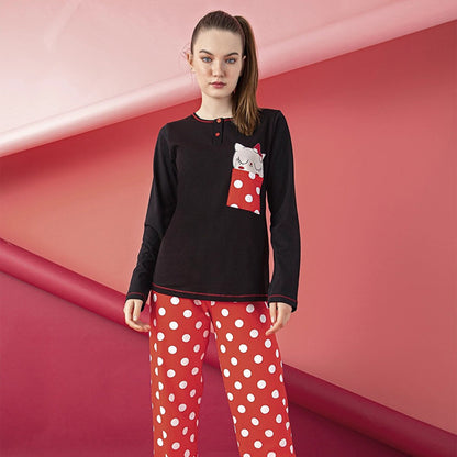 Junior Women’s Cotton Pajama Set – 2-Piece Long Sleeve Top & Pants with Cute Cat Print by M.O.S