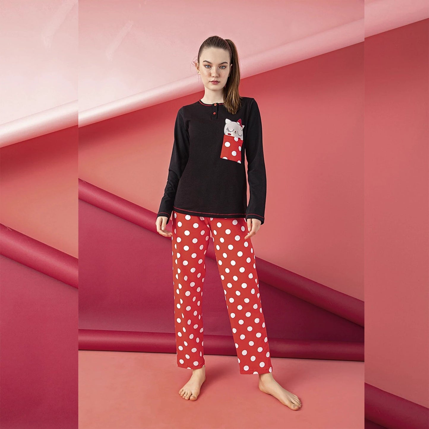Junior Women’s Cotton Pajama Set – 2-Piece Long Sleeve Top & Pants with Cute Cat Print by M.O.S