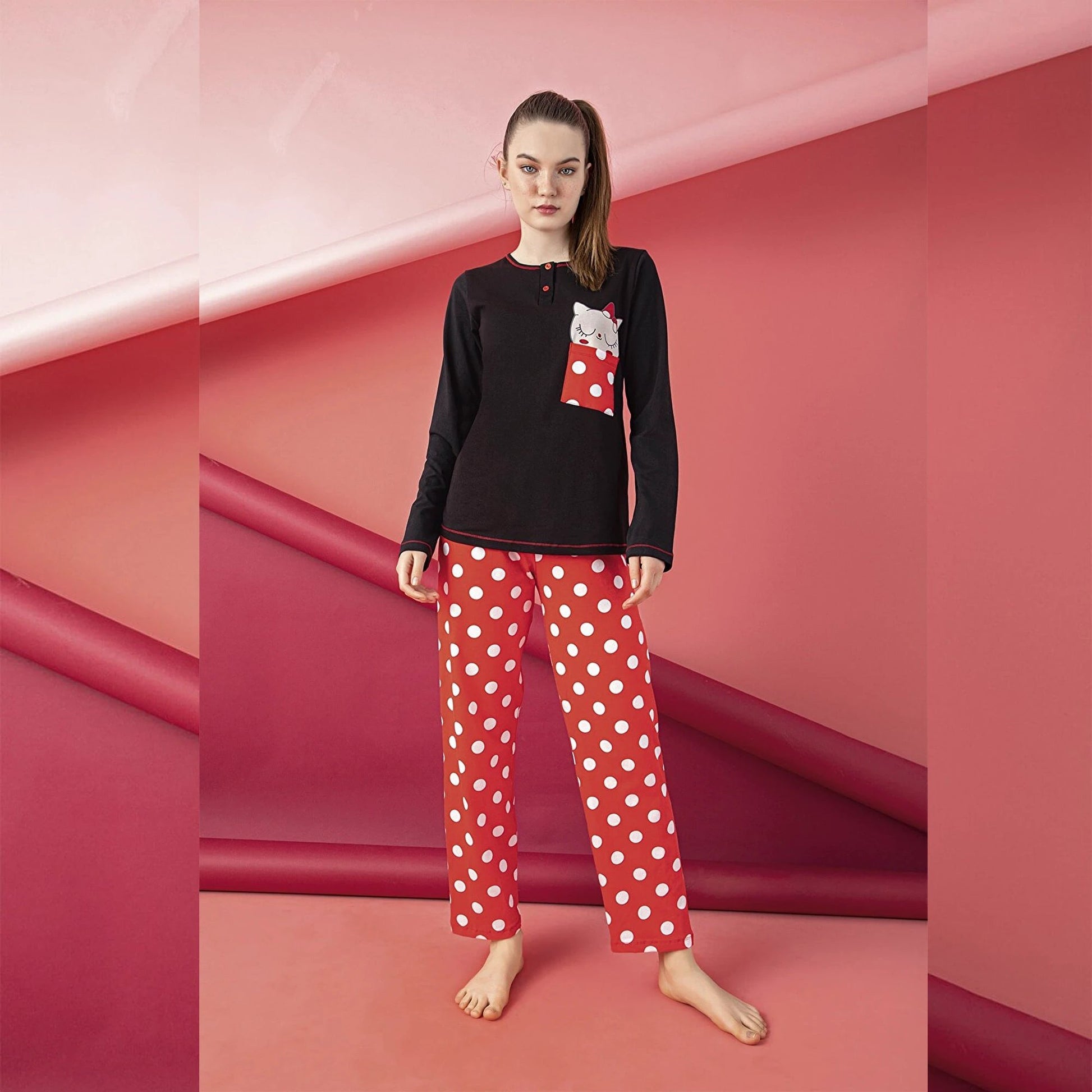 Junior Women’s Cotton Pajama Set – 2-Piece Long Sleeve Top & Pants with Cute Cat Print by M.O.S