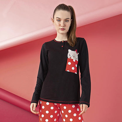 Junior Women’s Cotton Pajama Set – 2-Piece Long Sleeve Top & Pants with Cute Cat Print by M.O.S