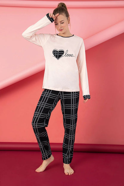 Women’s Junior Pajama Set 2-Piece Cotton Long Sleeve Top & Pants Heart Plaid Print by M.O.S