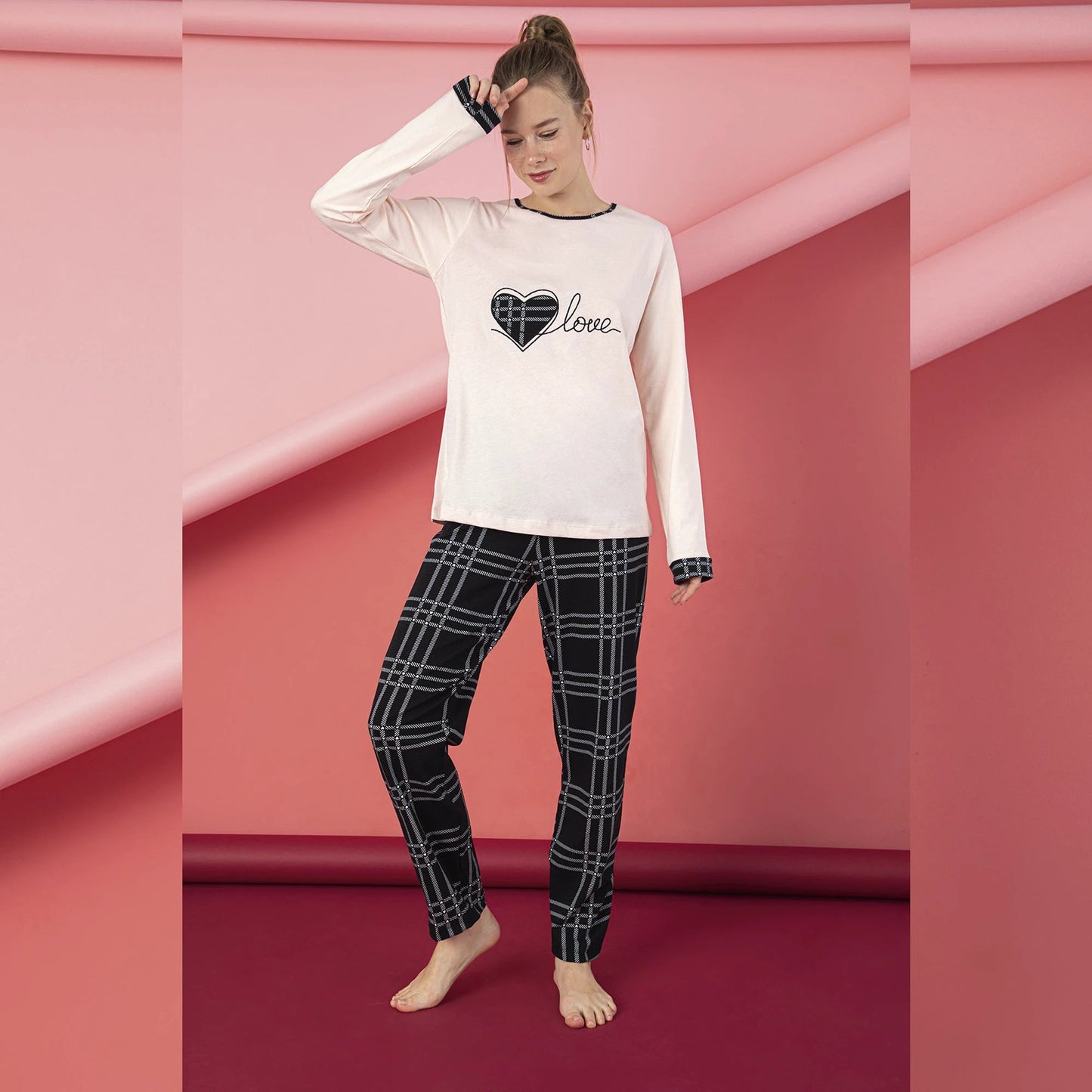 Women’s Junior Pajama Set 2-Piece Cotton Long Sleeve Top & Pants Heart Plaid Print by M.O.S