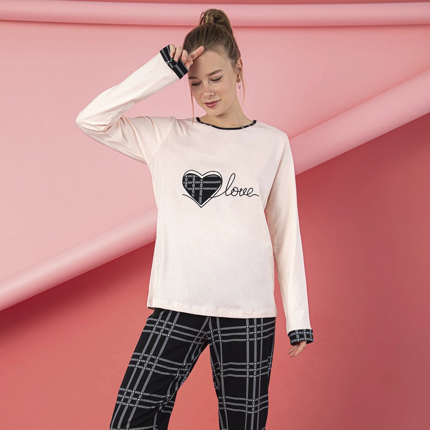 Women’s Junior Pajama Set 2-Piece Cotton Long Sleeve Top & Pants Heart Plaid Print by M.O.S