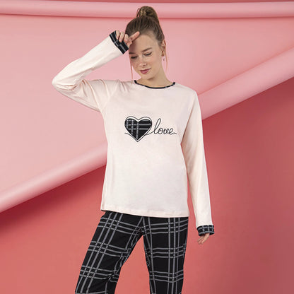 Women’s Junior Pajama Set 2-Piece Cotton Long Sleeve Top & Pants Heart Plaid Print by M.O.S