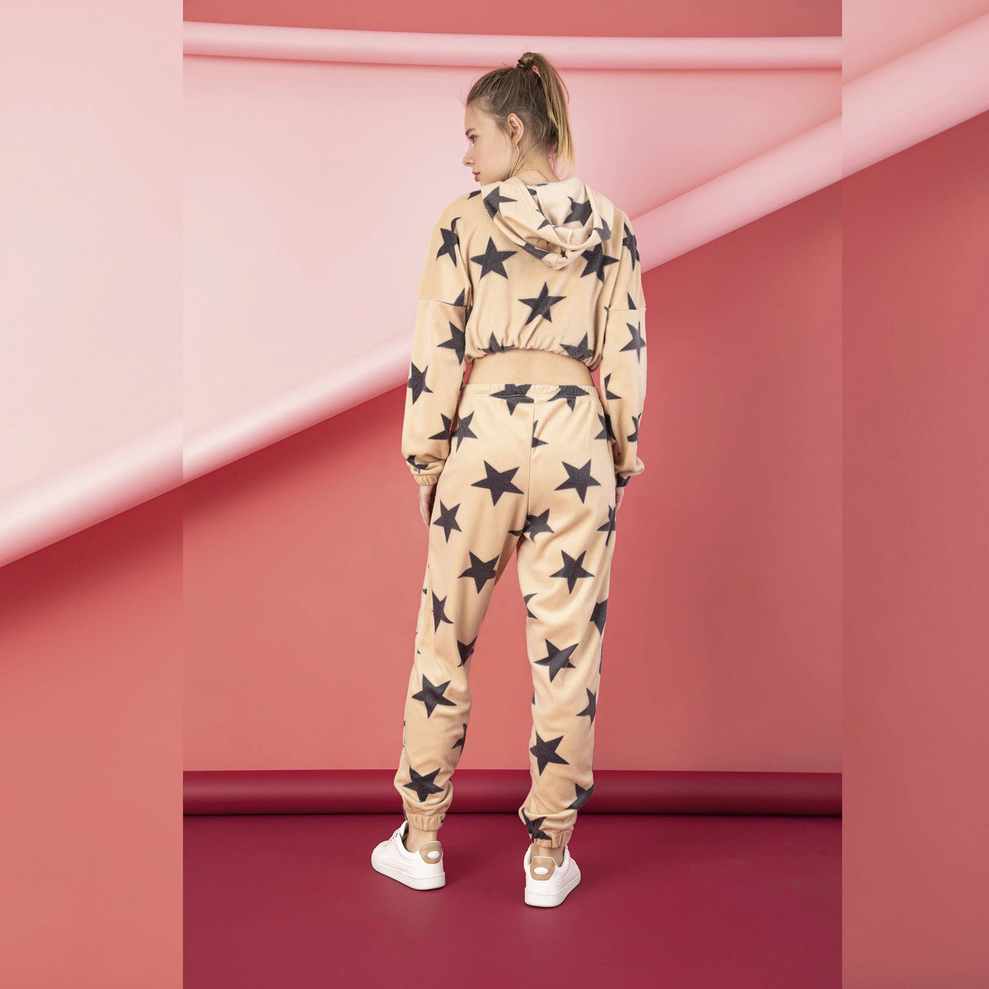 Women’s Junior Cotton Tracksuit Pajama Set – 2-Piece Star Print Crop Hoodie & Jogger Pants by M.O.S