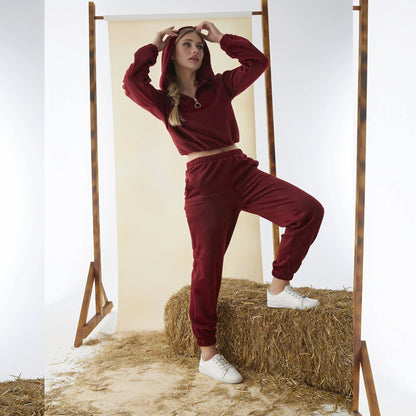 Women’s Junior Cotton Pajama Set – 2-Piece Rich Red Hoodie & Long Pants Loungewear by M.O.S