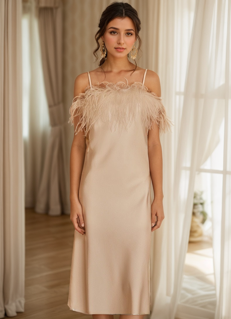 Plume Afterglow Feather-Trim Satin Nightgown