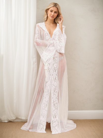 Emilia Fleur Sheer Lace Bell-Sleeve Robe