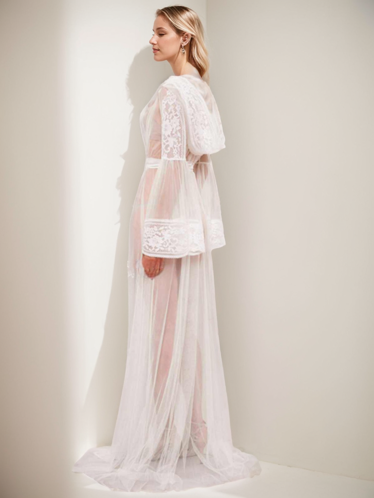 Emilia Fleur Sheer Lace Bell-Sleeve Robe