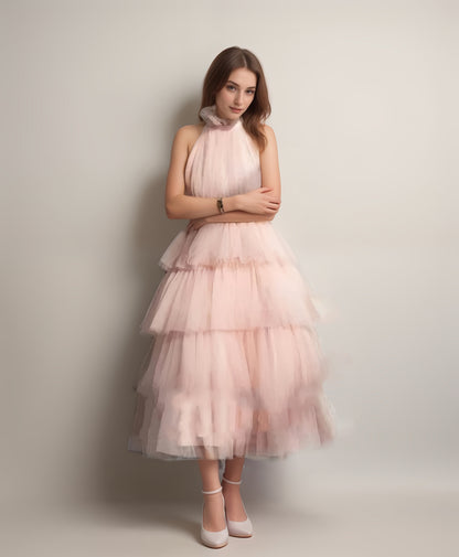 Florentine Air Ruffle-Hem Tulle Halter Dress