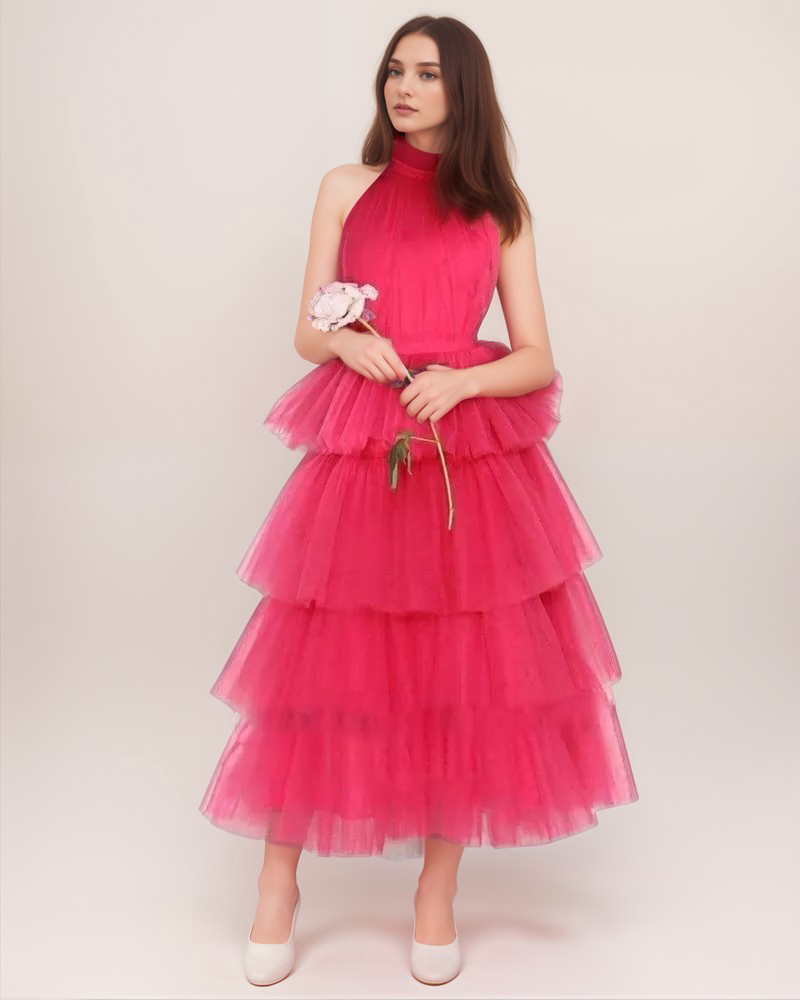 Florentine Air Ruffle-Hem Tulle Halter Dress