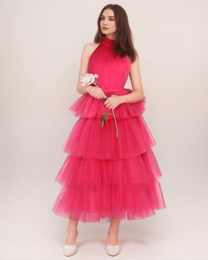 Florentine Air Ruffle-Hem Tulle Halter Dress