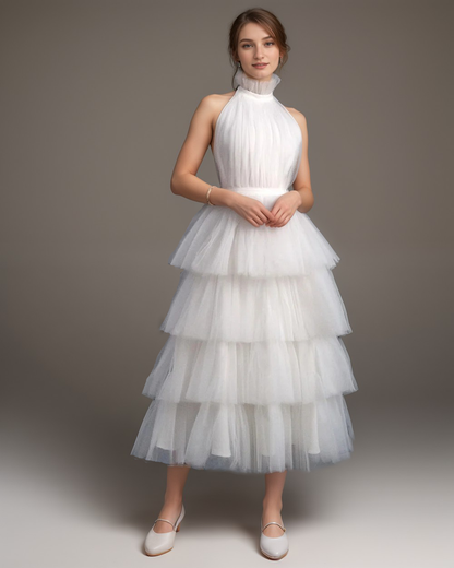 Florentine Air Ruffle-Hem Tulle Halter Dress