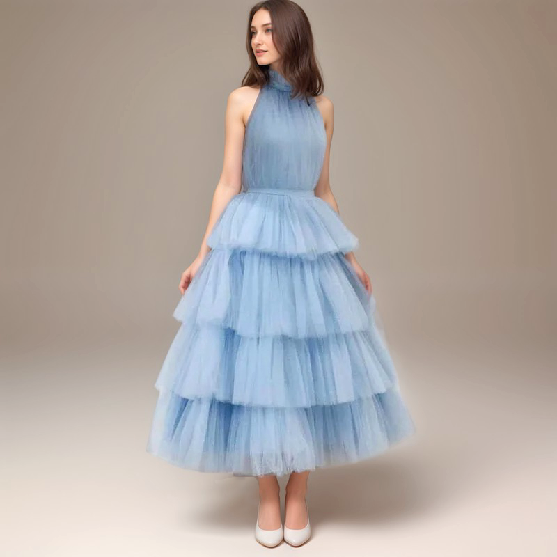 Florentine Air Ruffle-Hem Tulle Halter Dress