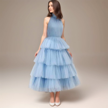 Florentine Air Ruffle-Hem Tulle Halter Dress