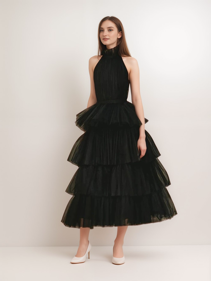 Florentine Air Ruffle-Hem Tulle Halter Dress