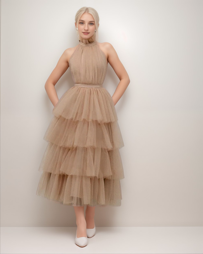 Florentine Air Ruffle-Hem Tulle Halter Dress