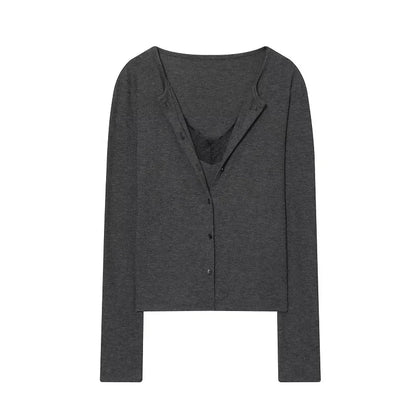 MUJER Lace Cropped Cardigan Women Button up Knit Tops Woman Vintage Knitwears Long Sleeve Knitted Cardigans Sweaters for Women