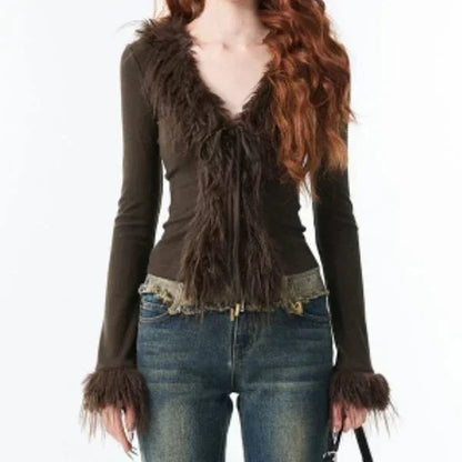 Y2k Aesthetic V-neck Jacket Women Korean Sexy Fashion Cardigan  Harajuku Vintage Bandage Fur Patchwork Coat 2024 Spring Chic