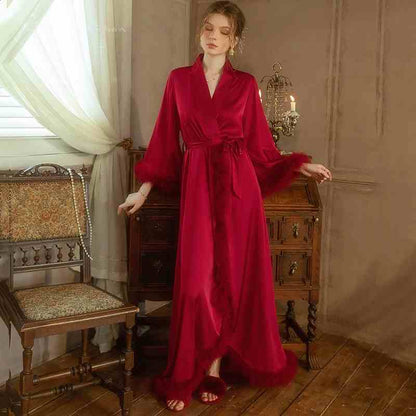 Vivian Poise Feather-Trim Satin Robe & Slip Set